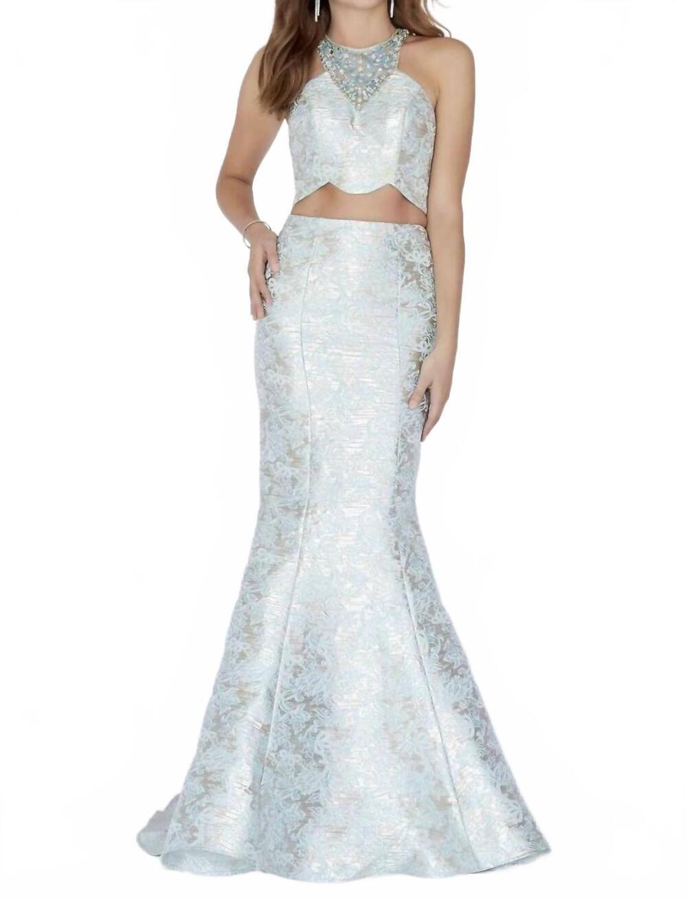 NEW JOSH & JAZZ metallic brocade mermaid prom dress in aqua/gold
